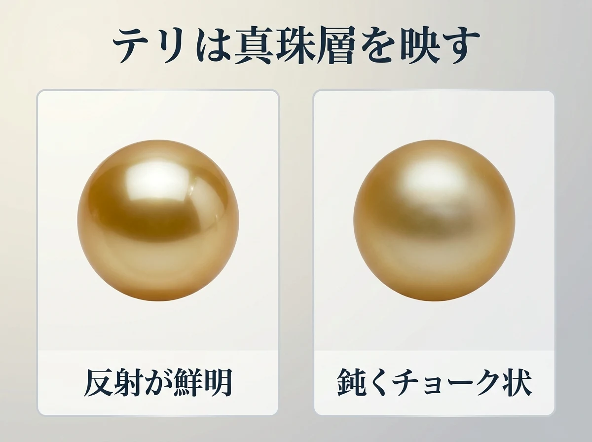 反射が鮮明な金色の真珠と、鈍くチョーク状の金色の真珠を並べた比較図