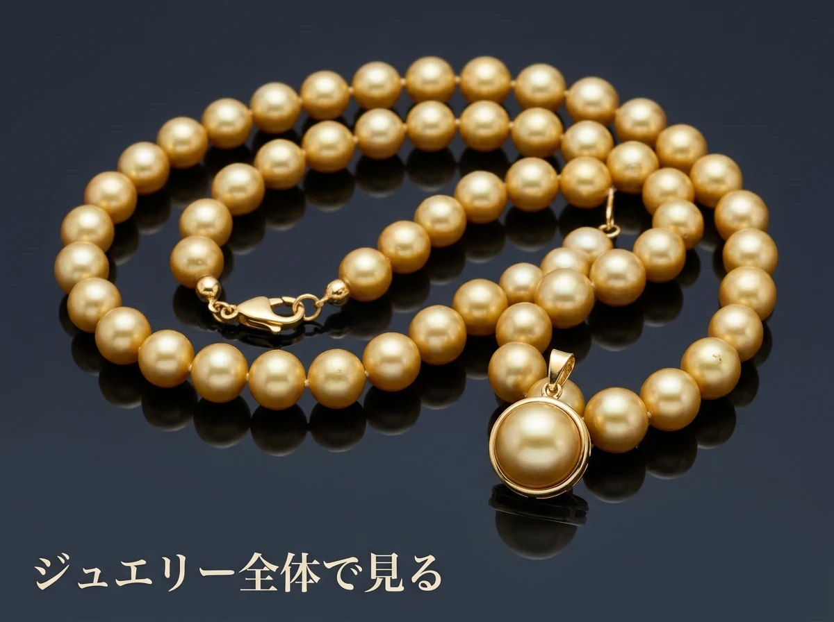 金の留め具のついた金色の真珠のネックレスと金の枠のペンダントを暗い面に置いた写真