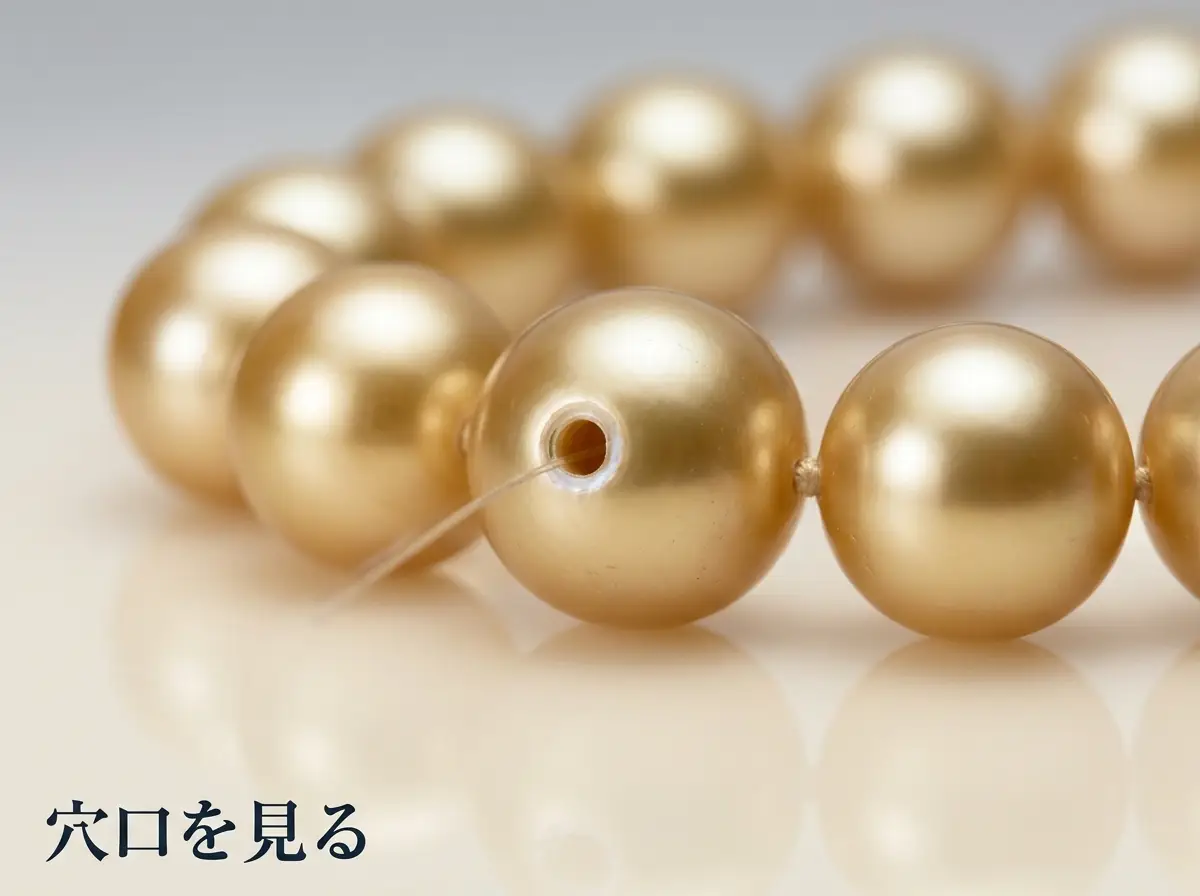 金色の真珠のネックレスの穴口を拡大した写真