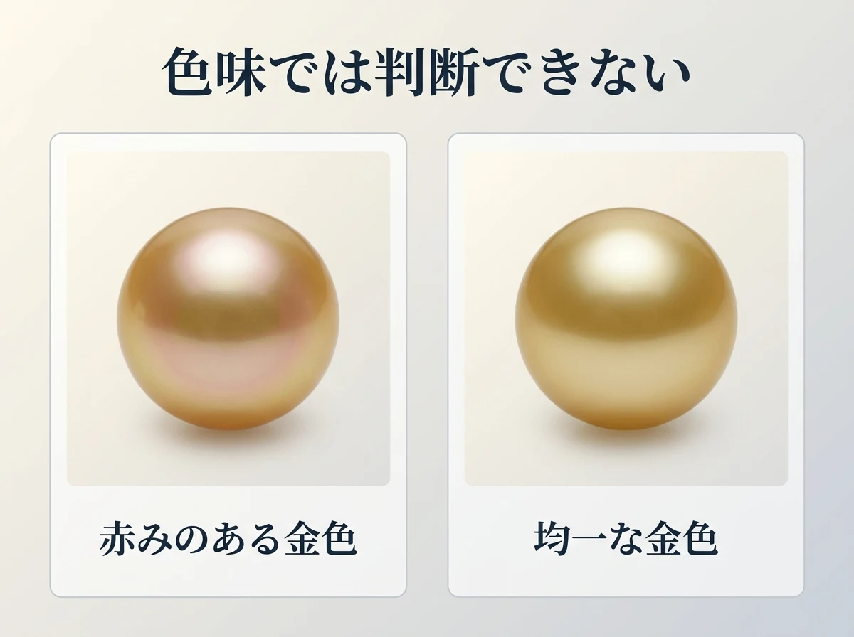 赤みのある金色の真珠と均一な金色の真珠を並べ、どちらも判断材料にならないことを示す図