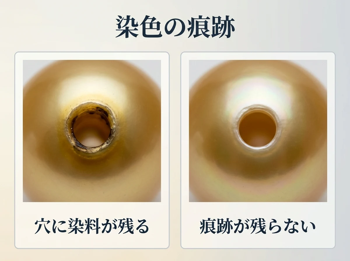 穴口に染料が溜まった真珠と、痕跡のない真珠の穴口を並べた比較図