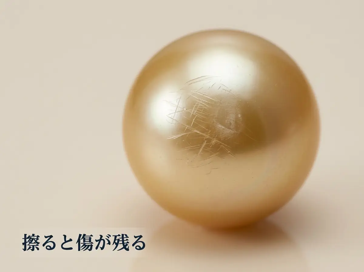 表面に擦り傷のついた金色の真珠の拡大写真
