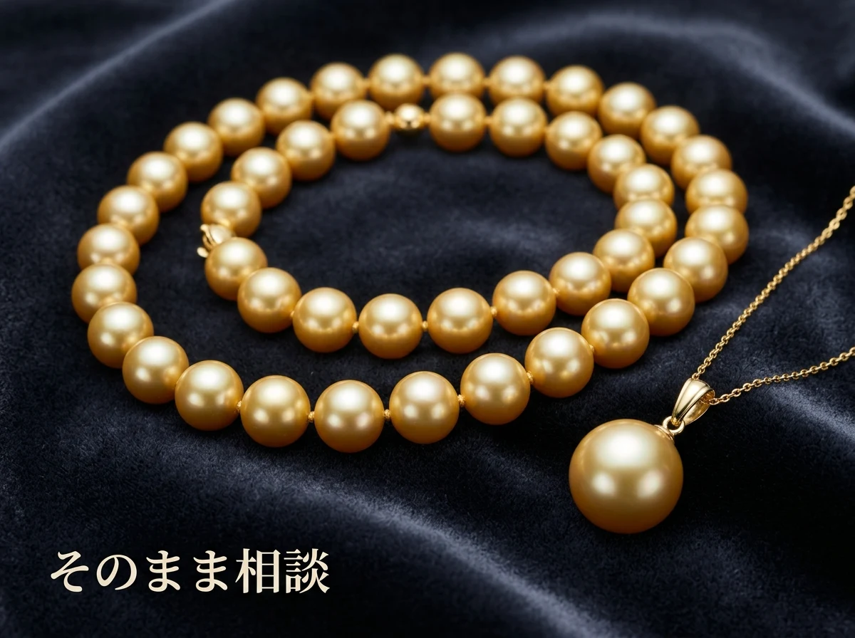 暗い布の上に置かれた金色の真珠のネックレスとペンダント