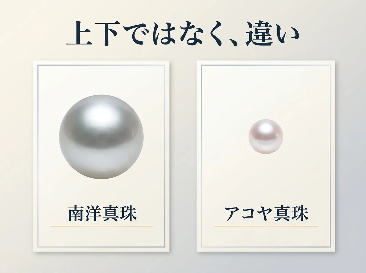 大粒の南洋真珠と小粒のアコヤ真珠を同じ大きさのカードに並べた比較図