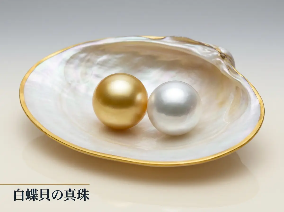 金色のふちを持つ白蝶貝の内側に、金色と白の南洋真珠を置いた写真