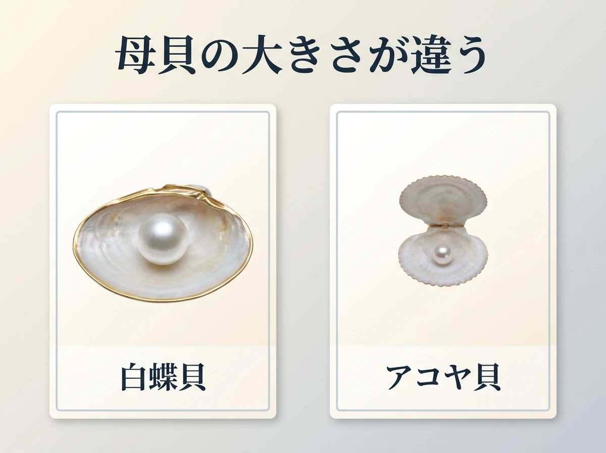 大きな白蝶貝と小さなアコヤ貝を並べ、それぞれの真珠を示した比較図