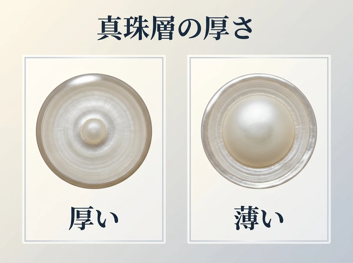 真珠層が厚い真珠と薄い真珠の断面を並べた比較図