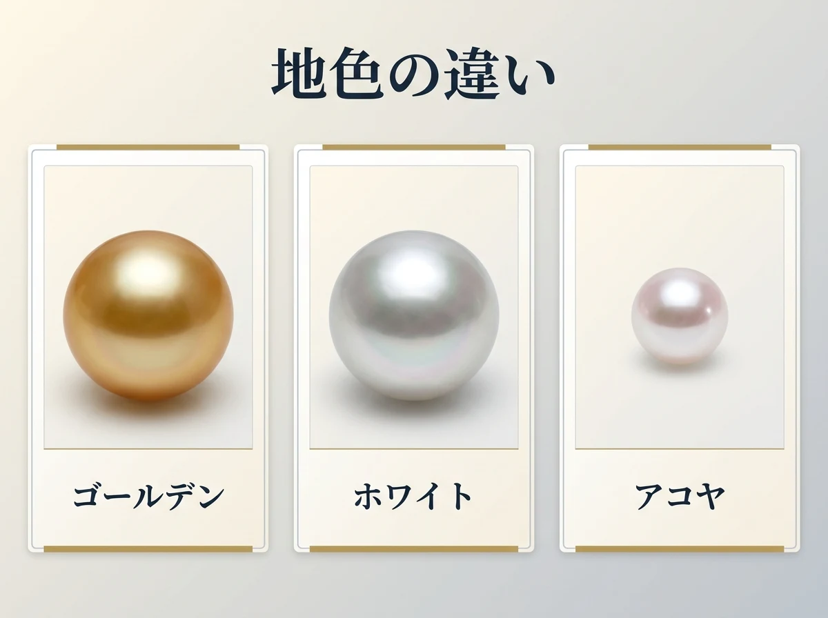 金色の南洋真珠・白い南洋真珠・アコヤ真珠の3つを並べた色の比較図
