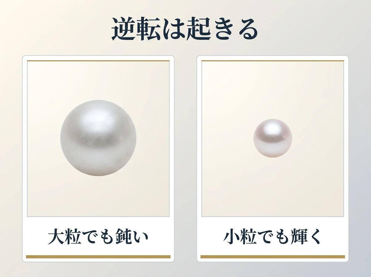大粒でも鈍い真珠と、小粒でも輝く真珠を並べた比較図
