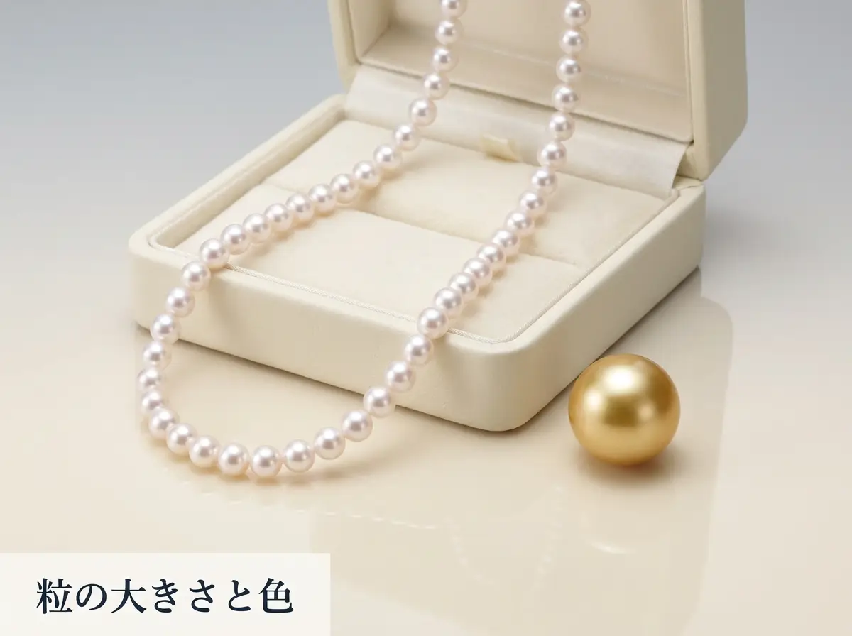 アコヤ真珠のネックレスと、大粒の金色の真珠1粒をジュエリーボックスの上に置いた写真