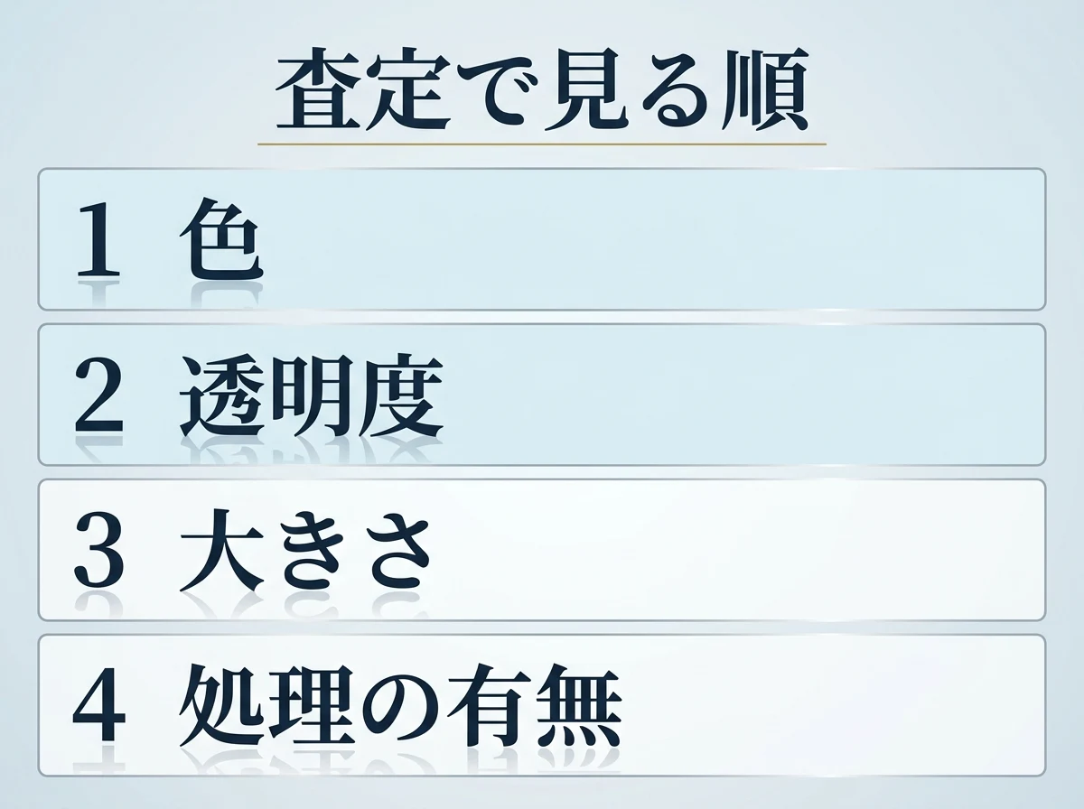 査定で色・透明度・大きさ・処理の有無をこの順に見ていることを示した図