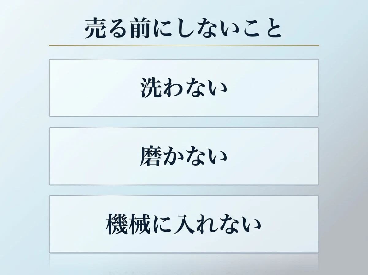 売る前に洗わない・磨かない・機械に入れないことを示した図