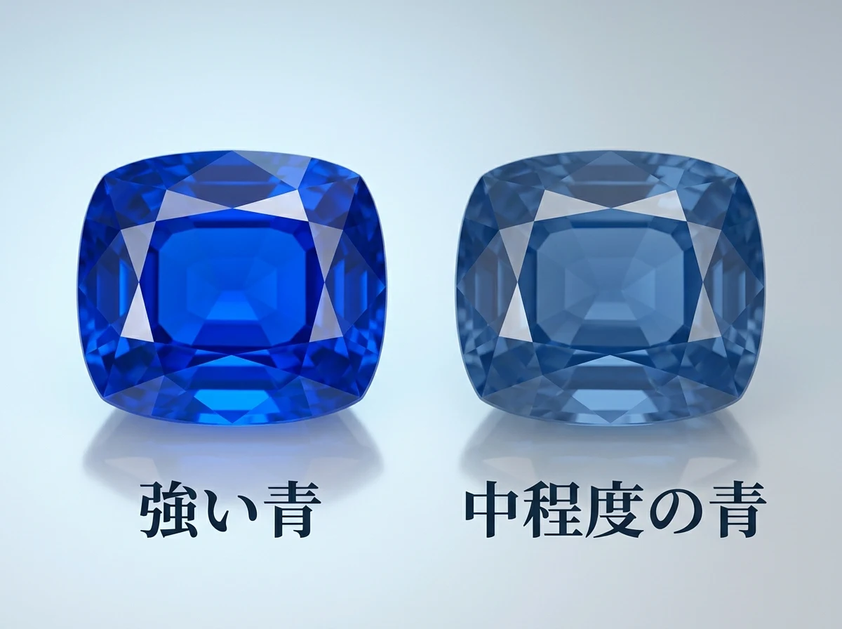 発色の強い青い石と、同じ青でも力の弱い石を並べた写真