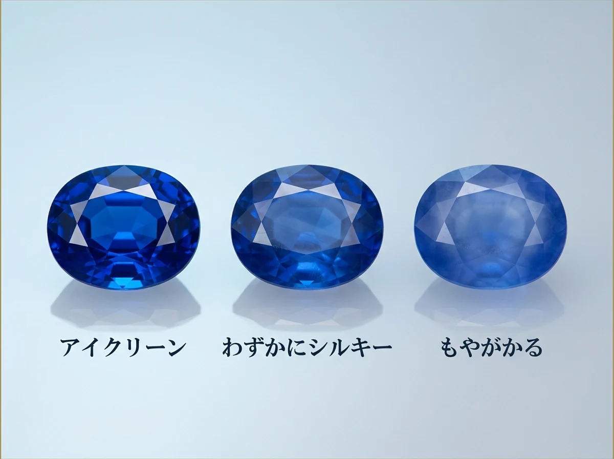 透明度の3区分を、澄んだ石・わずかに曇る石・もやがかる石の3粒で示した写真