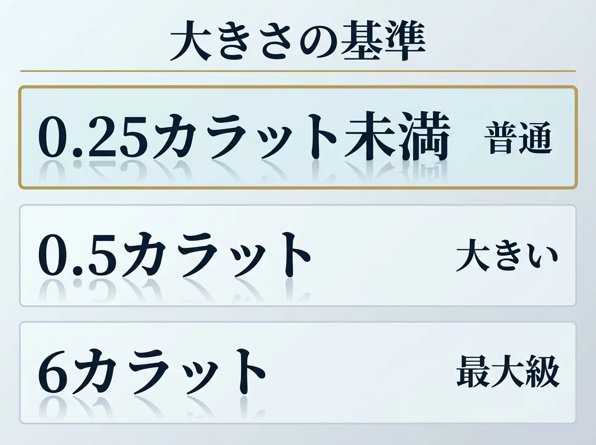 アウイナイトでは0.25カラット未満が普通で0.5カラットで大きいとされることを示した図