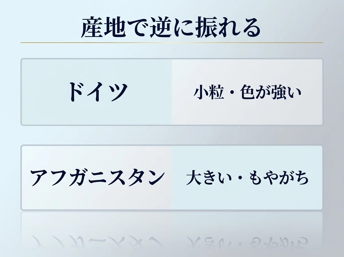 ドイツ産とアフガニスタン産で評価の出方が逆方向に振れることを示した図