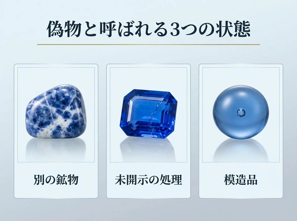 アウイナイトの偽物が別の鉱物・未開示の処理・模造品の3つに分かれることを示した図