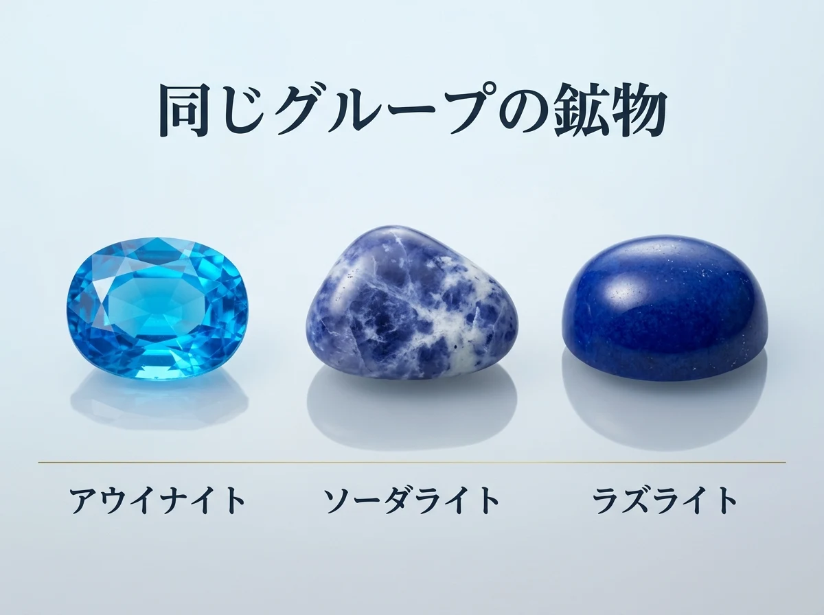 アウイナイト・ソーダライト・ラズライトの3つの青い鉱物を並べた比較図