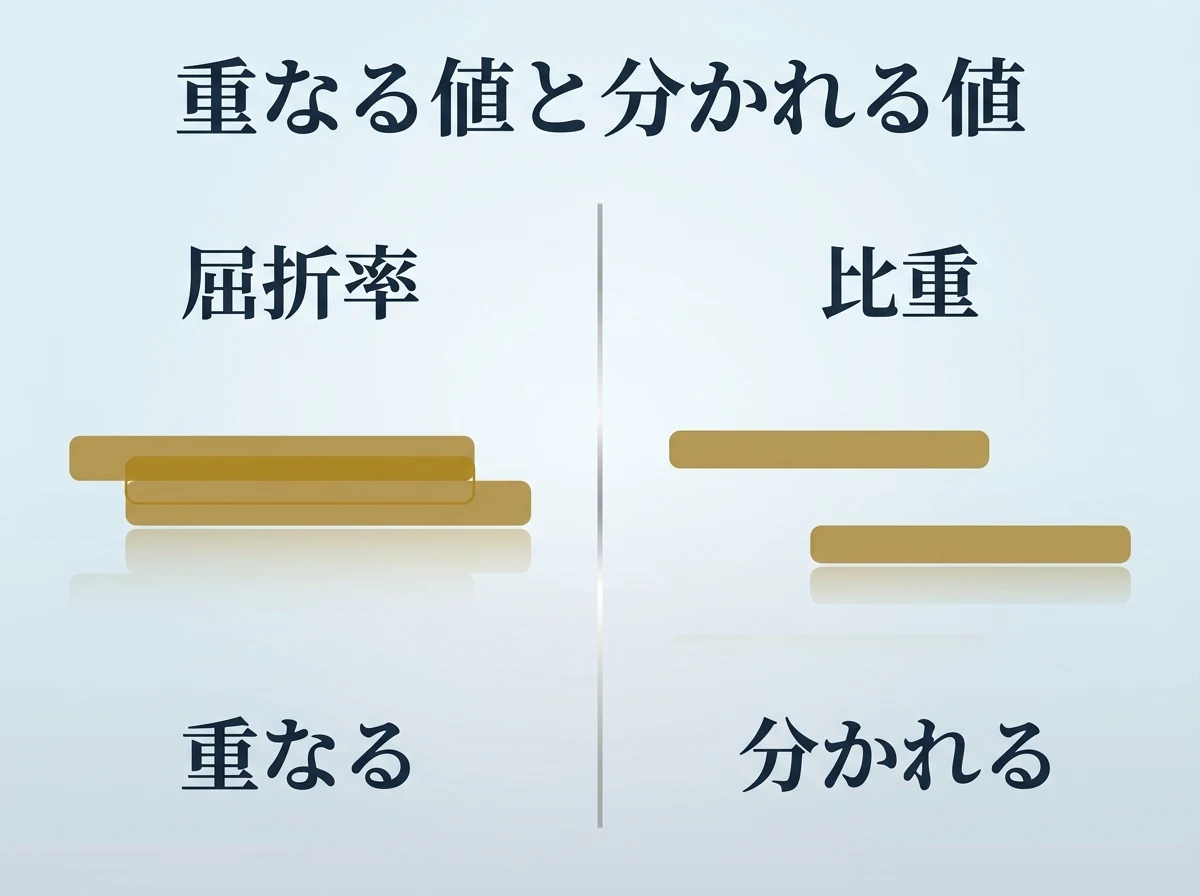 屈折率は重なり比重は分かれることを示した数値の比較図
