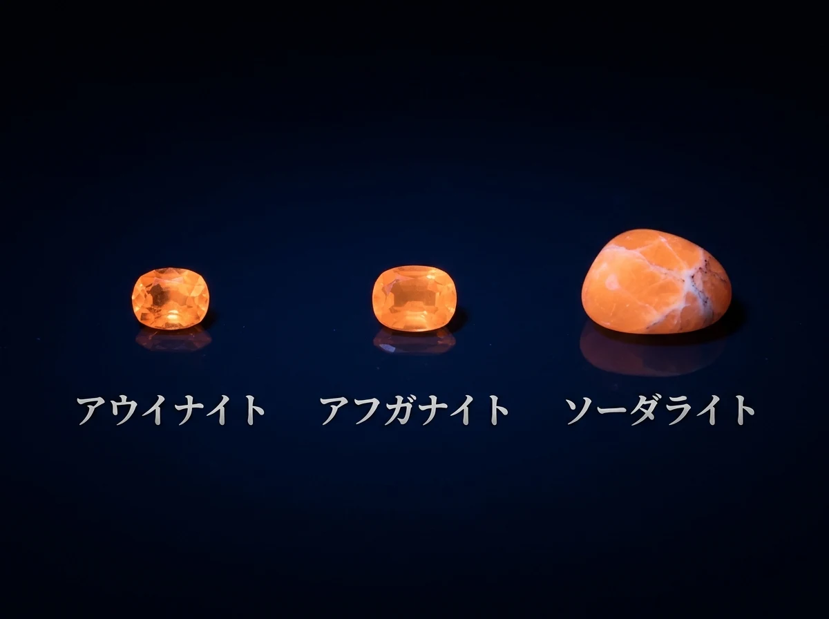 紫外線を当てた3つの青い石がいずれもオレンジに光っている写真