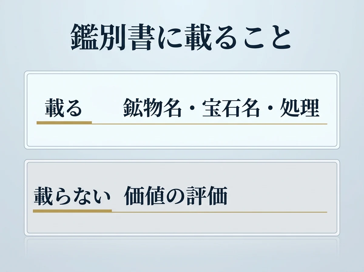鑑別書には鉱物名・宝石名・処理が載り価値の評価は載らないことを示した図