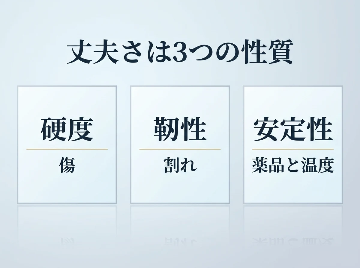 宝石の丈夫さが硬度・靭性・安定性の3つに分かれることを示した図