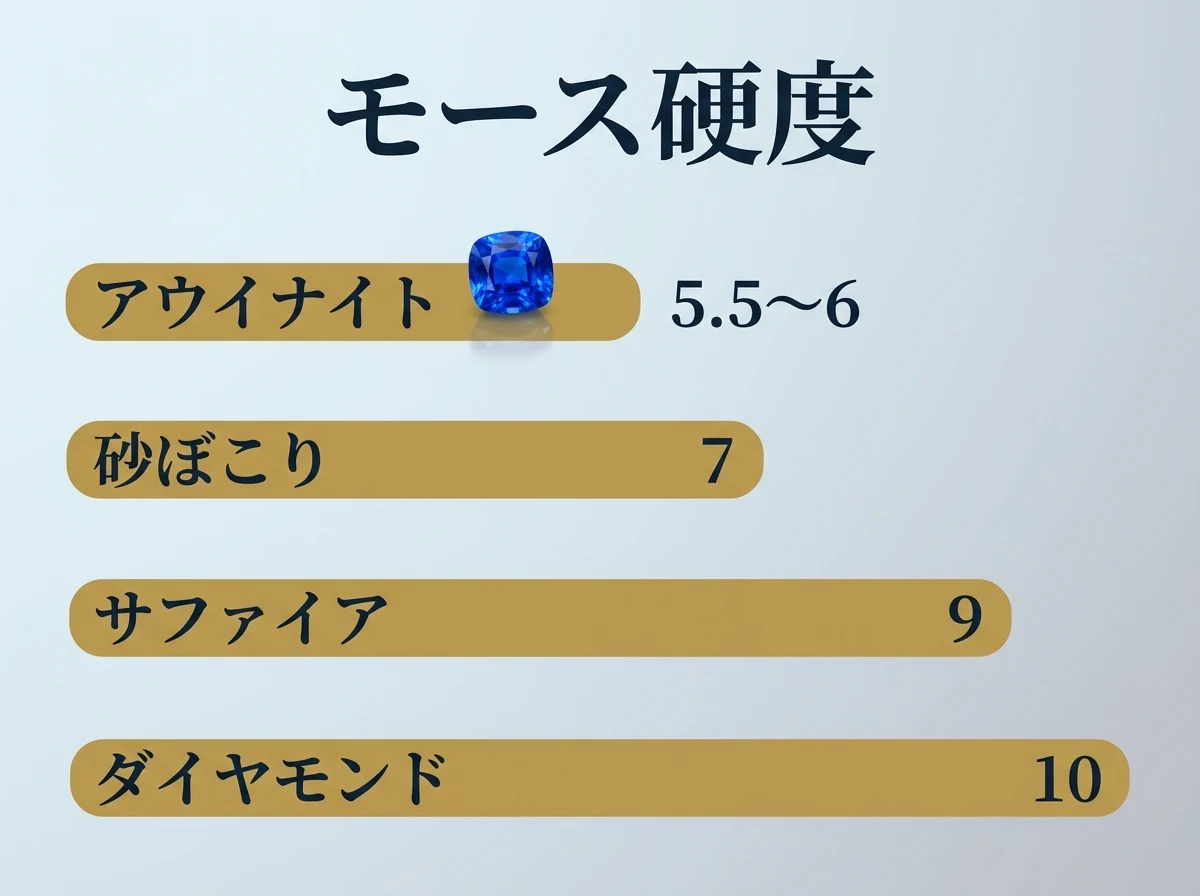 アウイナイトの硬度が砂ぼこりより低いことを示した棒の比較図