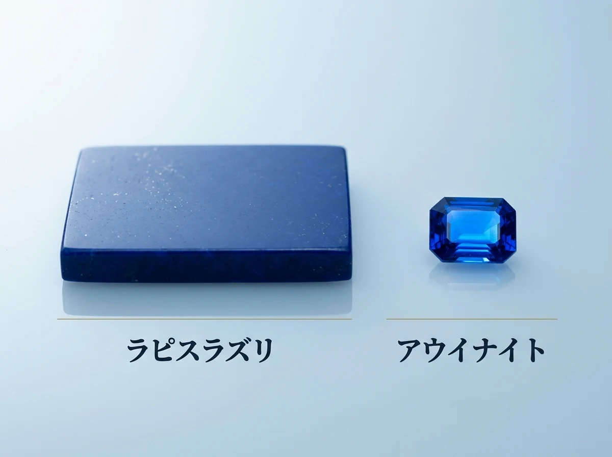 磨いた不透明なラピスラズリと、ファセットカットした透明なアウイナイトを並べた写真