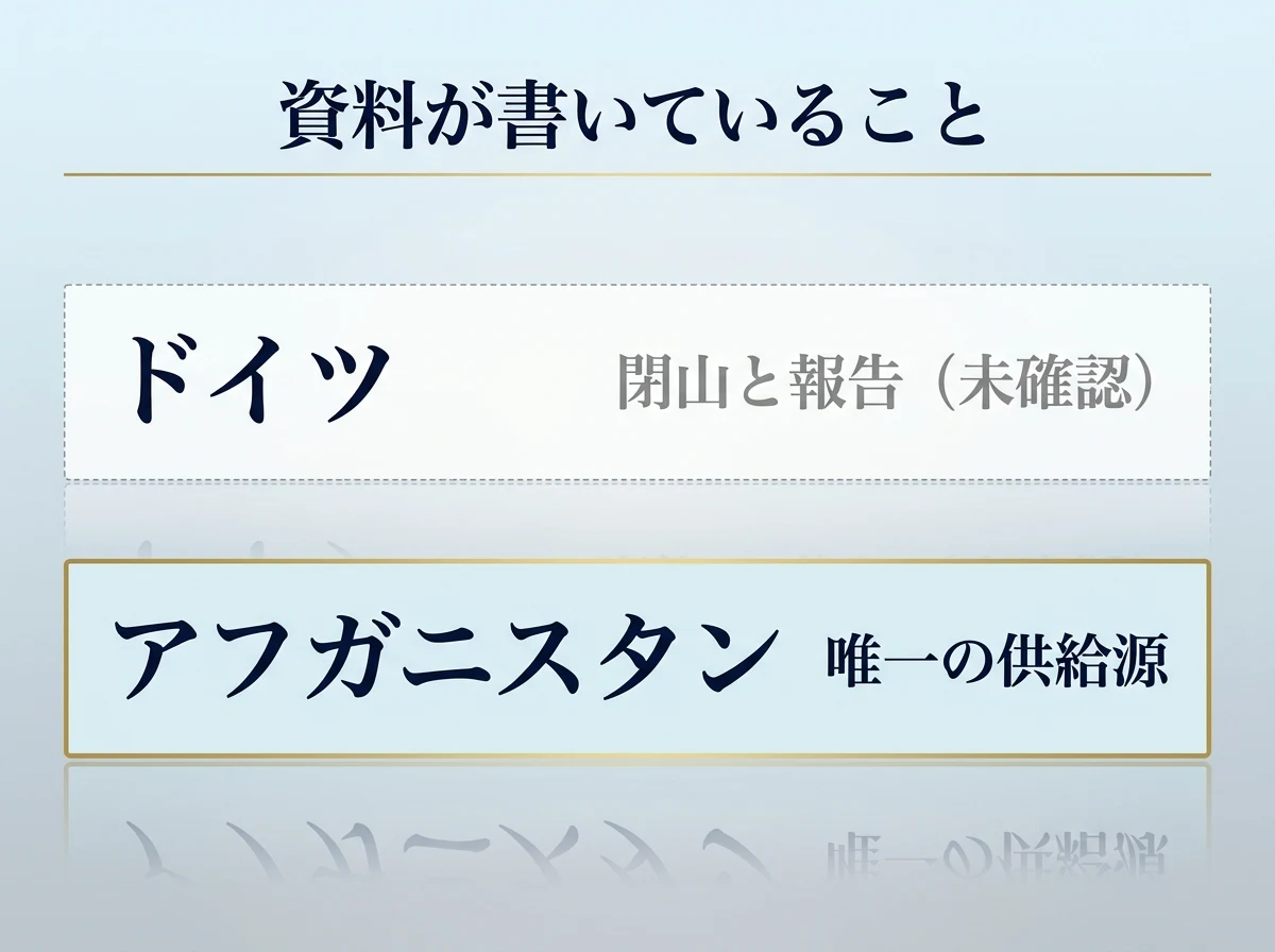 産地についての資料の記述を並べ、ドイツは閉山と報告されている段階であることを示した図