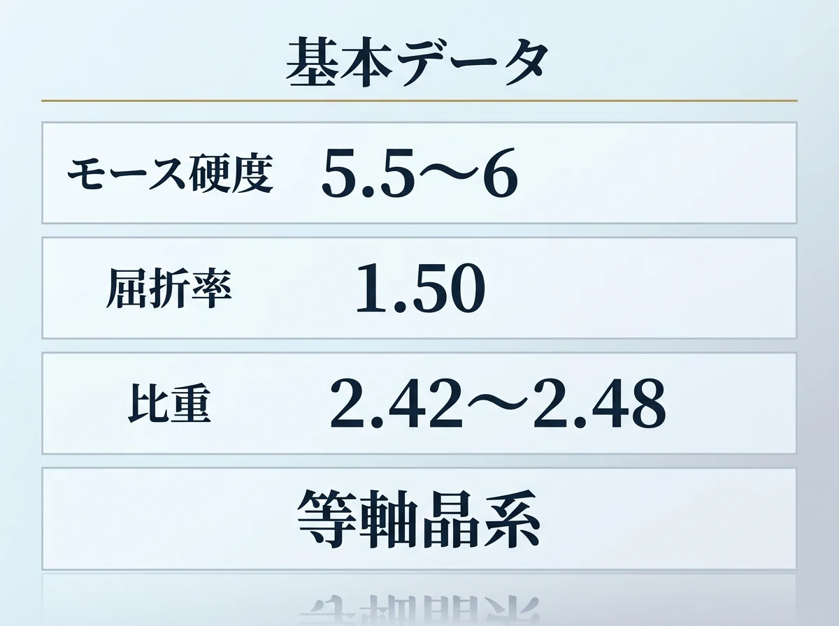 アウイナイトの硬度・屈折率・比重・結晶系をまとめた図