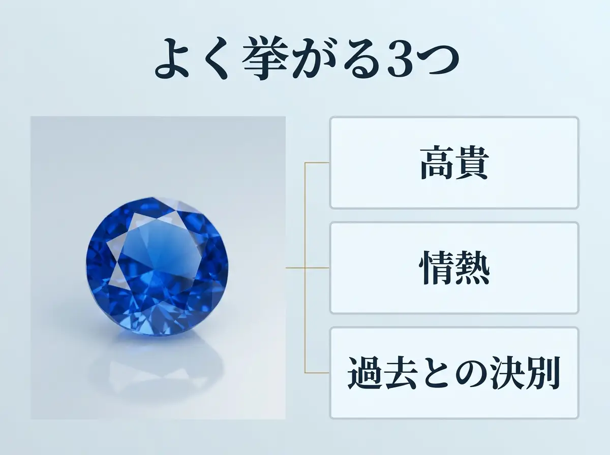 アウイナイトの石言葉としてよく挙がる高貴・情熱・過去との決別の3つを示した図