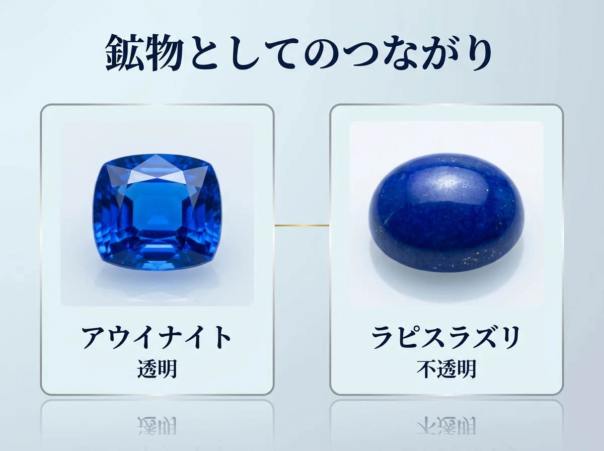 透明なアウイナイトと不透明なラピスラズリを並べ、鉱物としてつながっていることを示した図