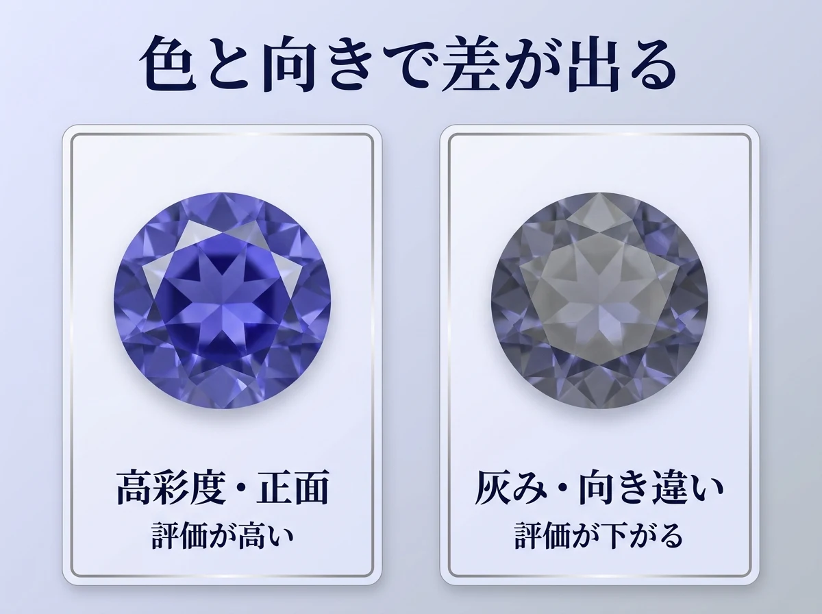 高彩度で向きのよい石と灰みの石を並べた比較図