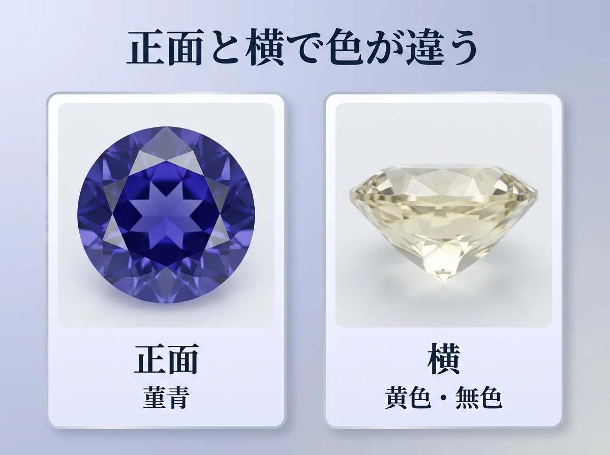 正面と横から見たアイオライトを並べた比較図