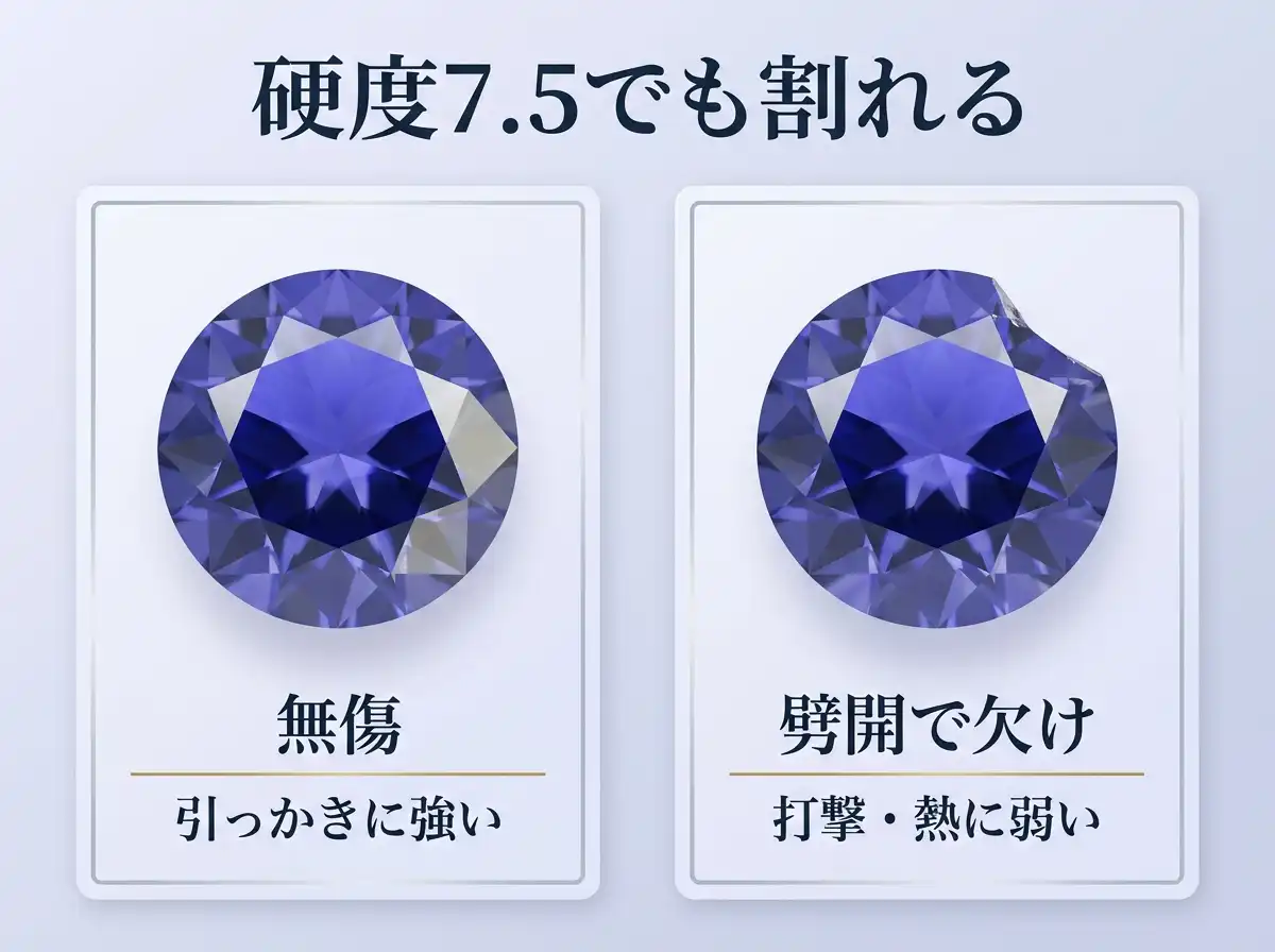 無傷のアイオライトと劈開で欠けたアイオライトを並べた比較図