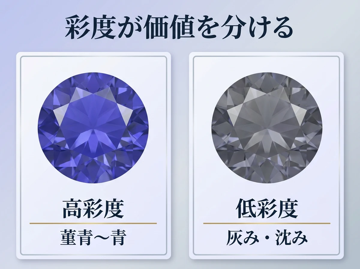 高彩度と低彩度のアイオライトを並べた比較図