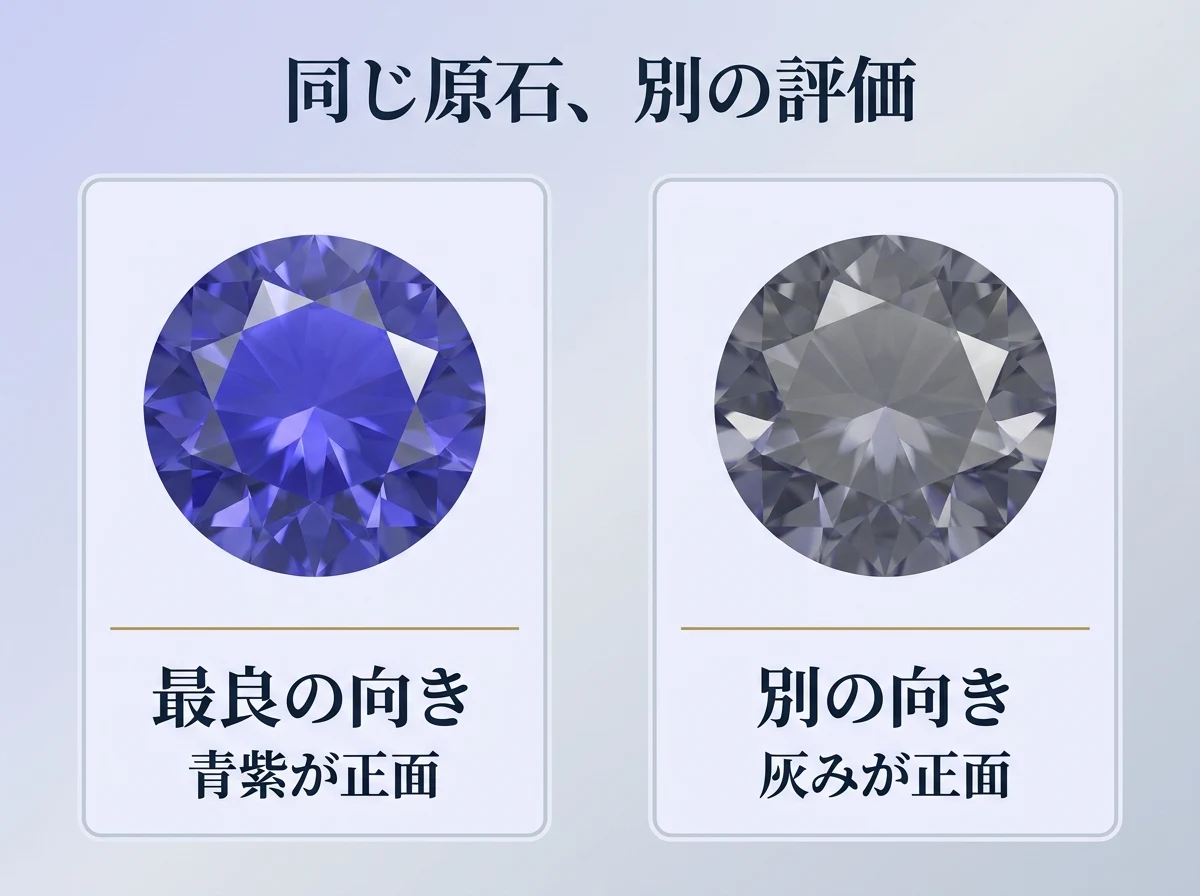 同じ原石から向きを変えて切った場合の正面の色を示した比較図