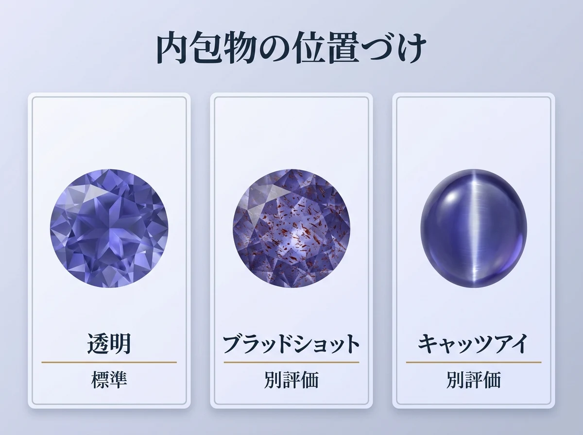 透明・ブラッドショット・キャッツアイのアイオライトを並べた比較図