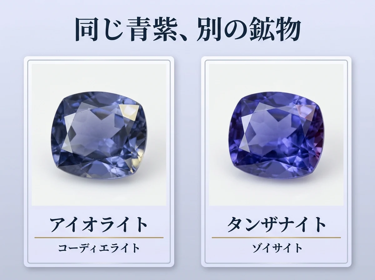 アイオライトとタンザナイトを鉱物種ごとに並べた比較図