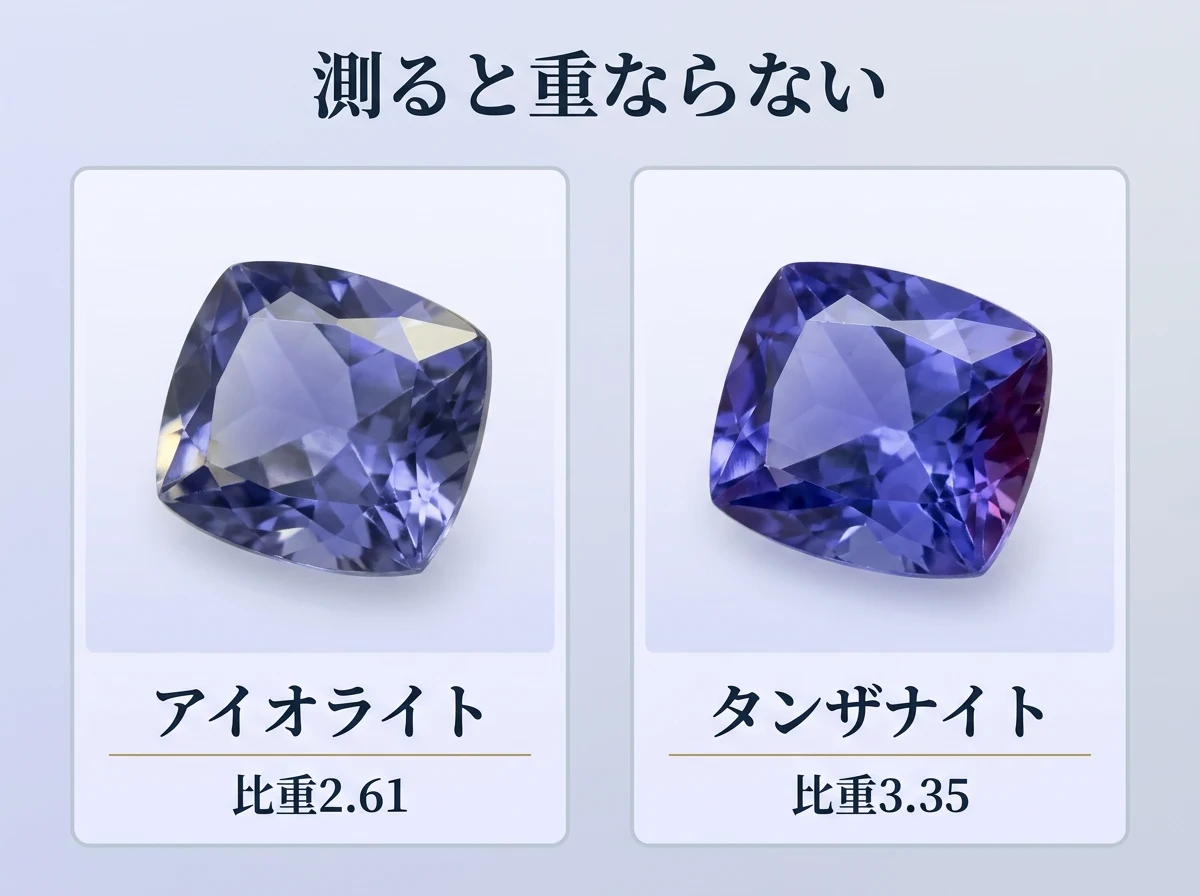 アイオライトとタンザナイトの比重を並べた比較図