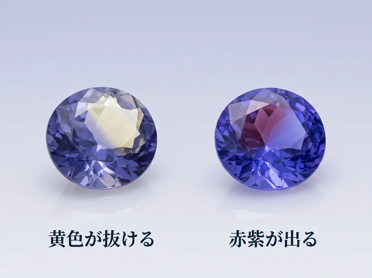 光にかざしたアイオライトとタンザナイトに見える色の違い