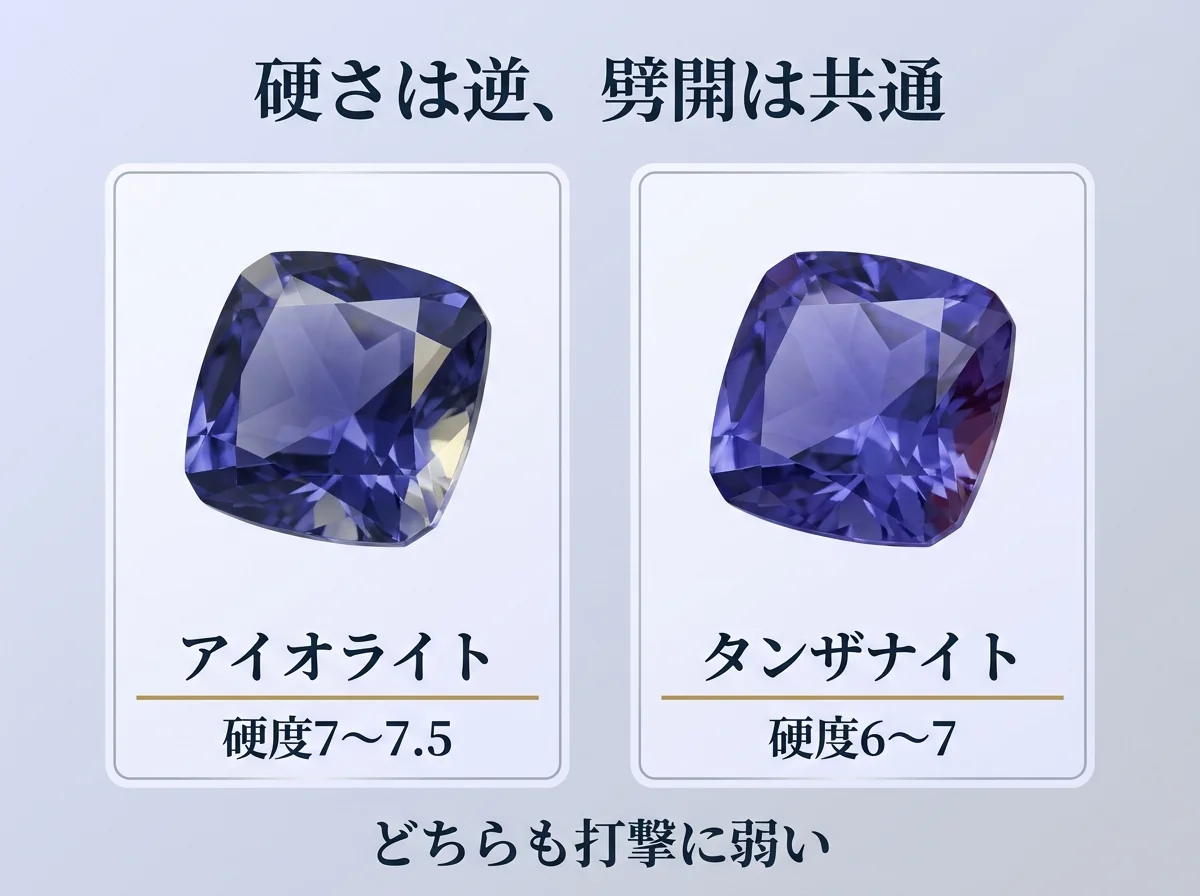 アイオライトとタンザナイトの硬度と劈開を並べた比較図