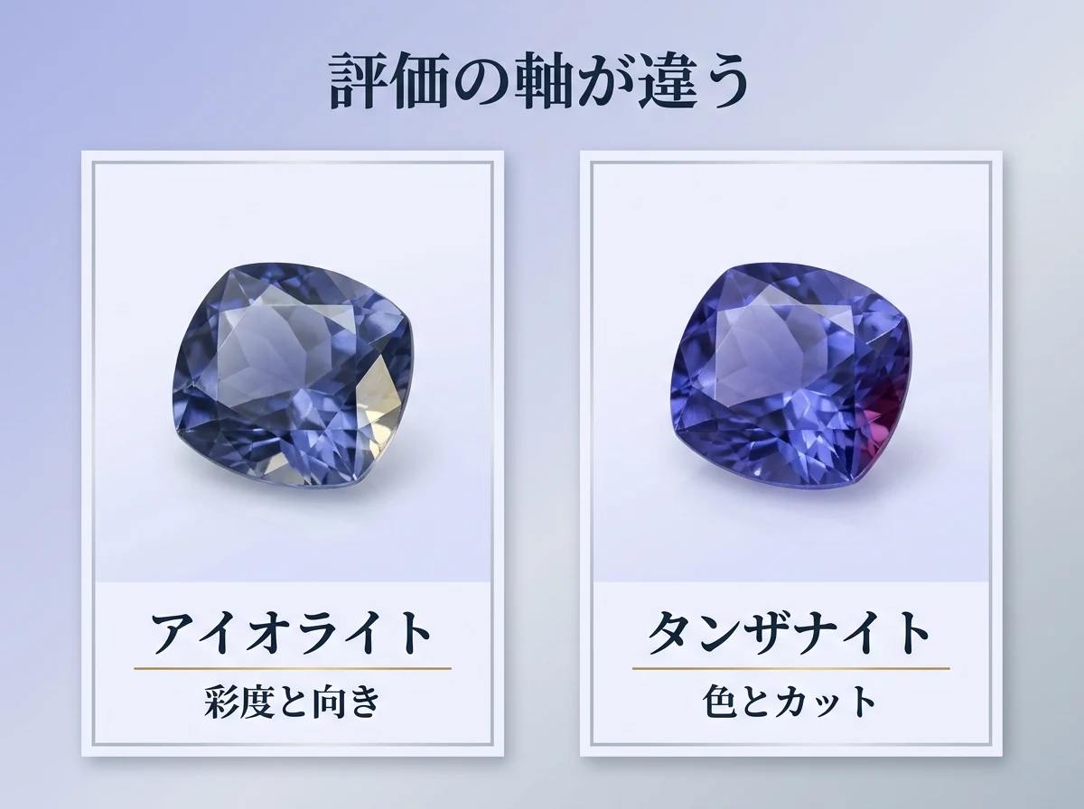 アイオライトとタンザナイトの評価軸の違いを示した図
