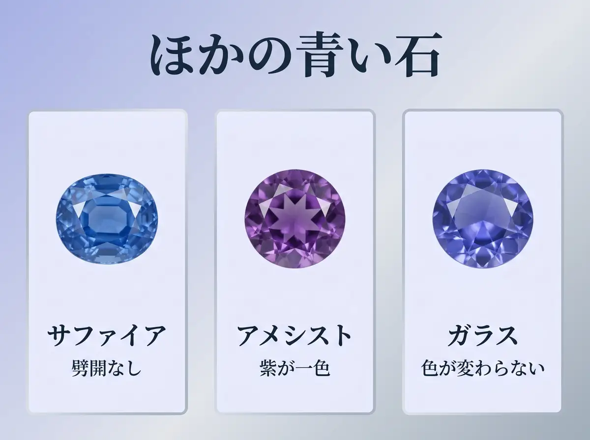 サファイア・アメシスト・ガラスを見分ける手がかりの比較図