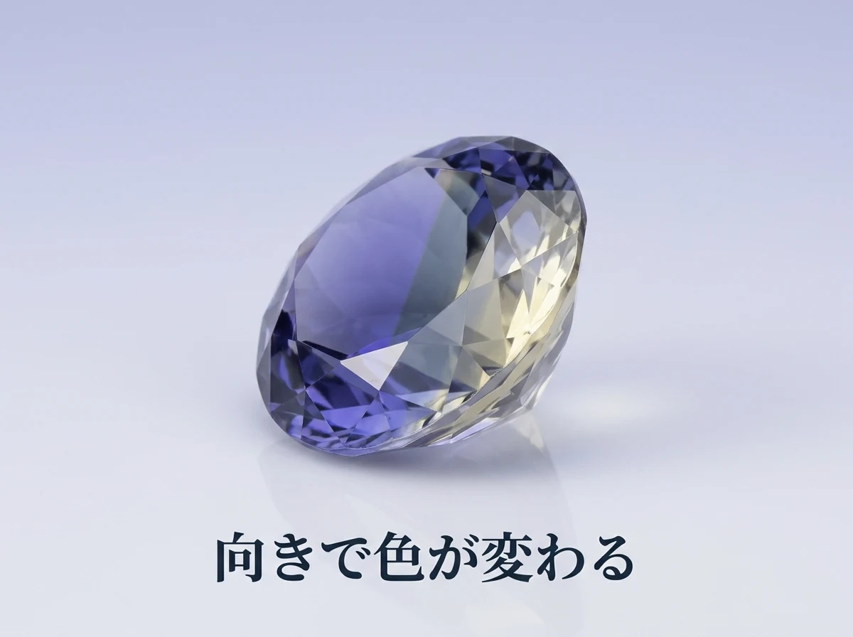 向きによって3つの色を示すアイオライトのルース