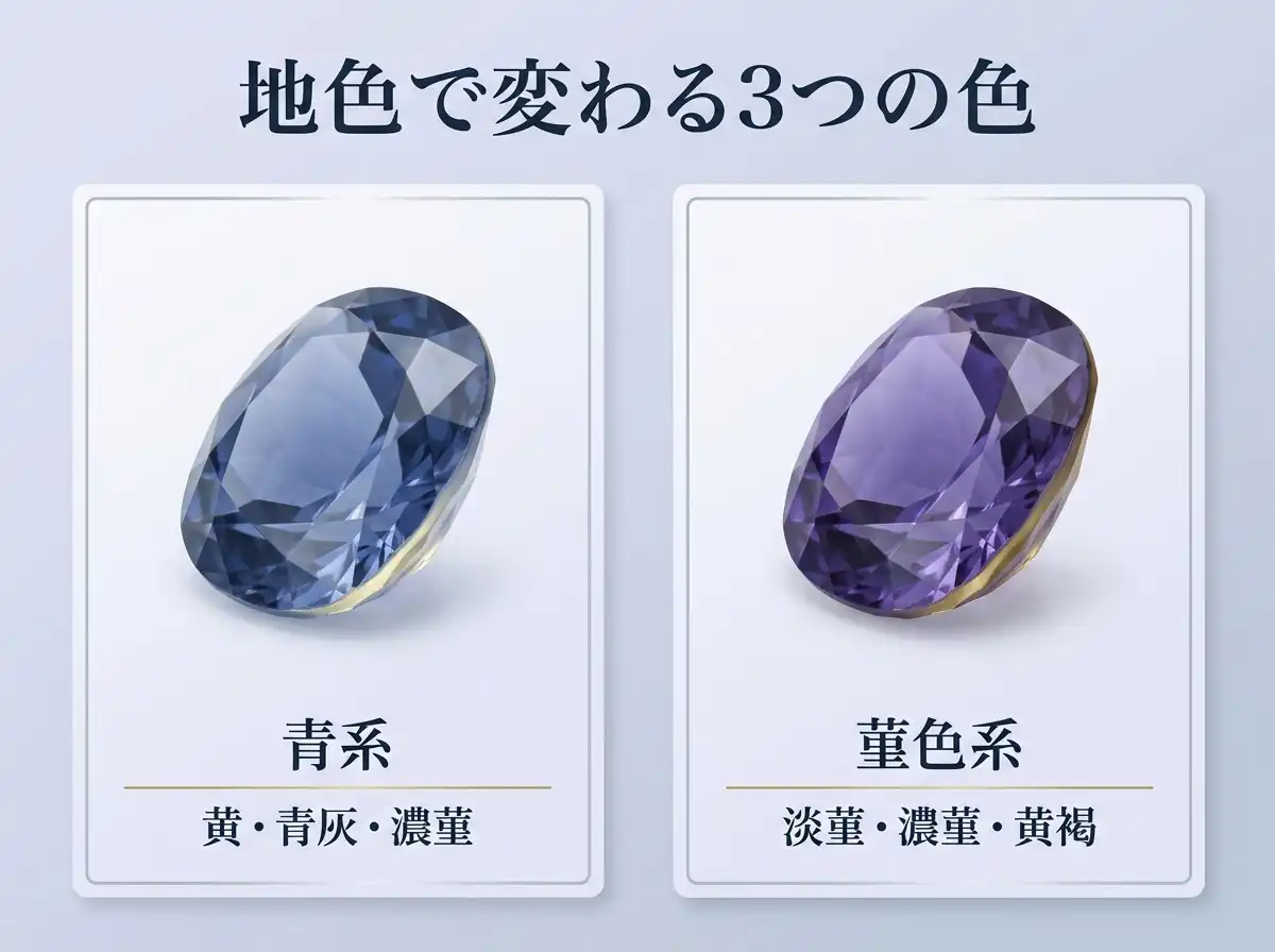 青系と菫色系のアイオライトで見える3色を並べた比較図
