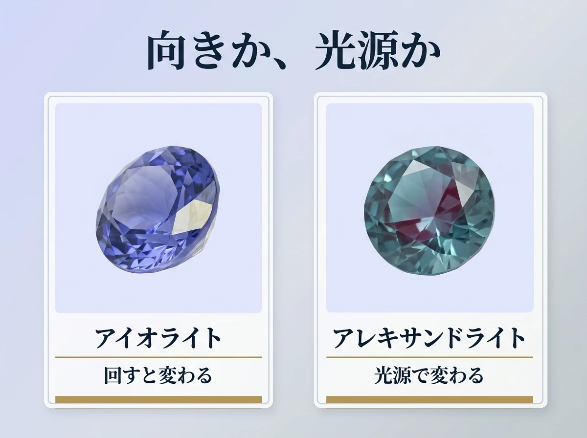 アイオライトの多色性とアレキサンドライトのカラーチェンジを並べた比較図