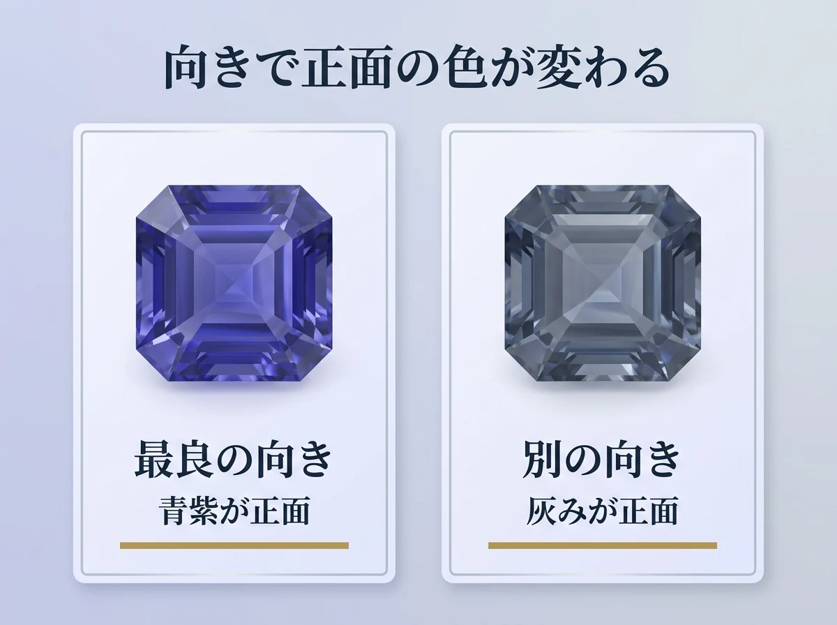 向きの取り方で正面の色が変わることを示した比較図