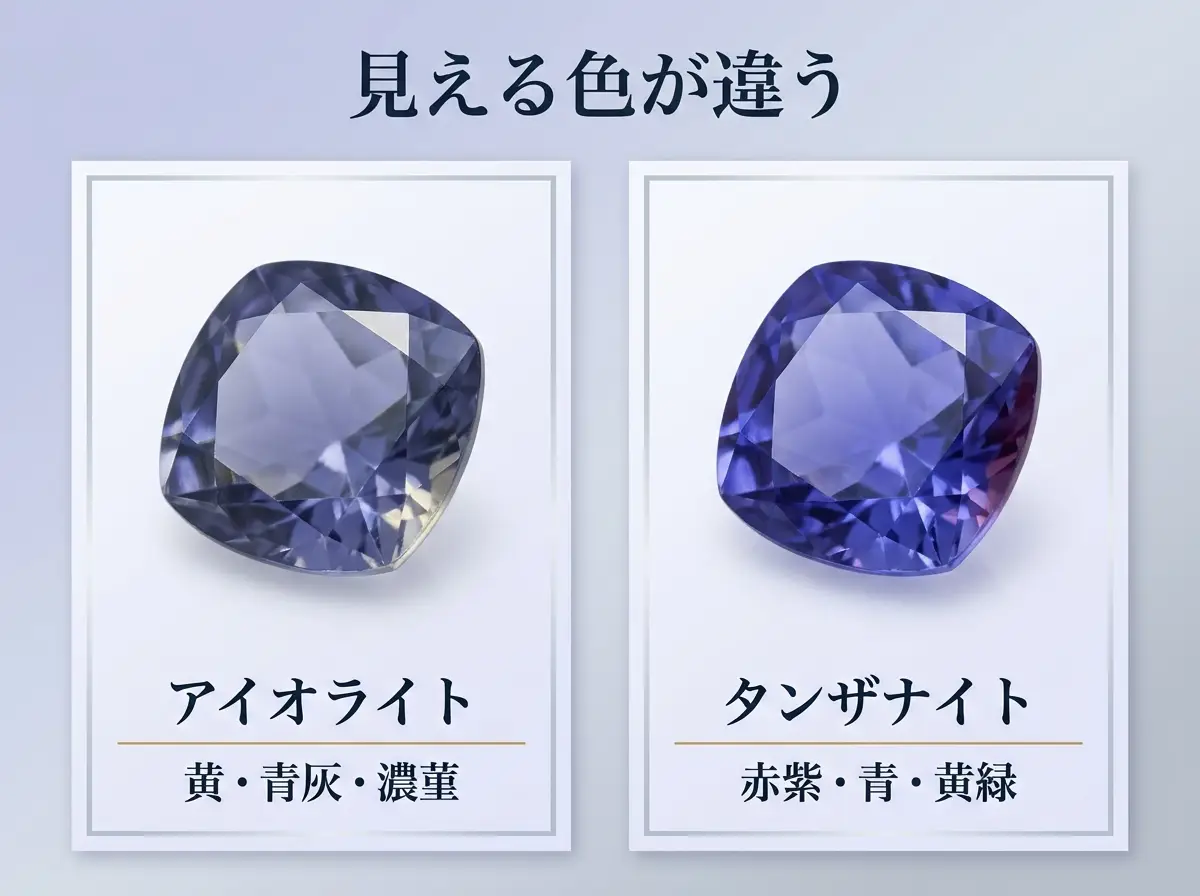 アイオライトとタンザナイトの多色性で見える色を並べた比較図