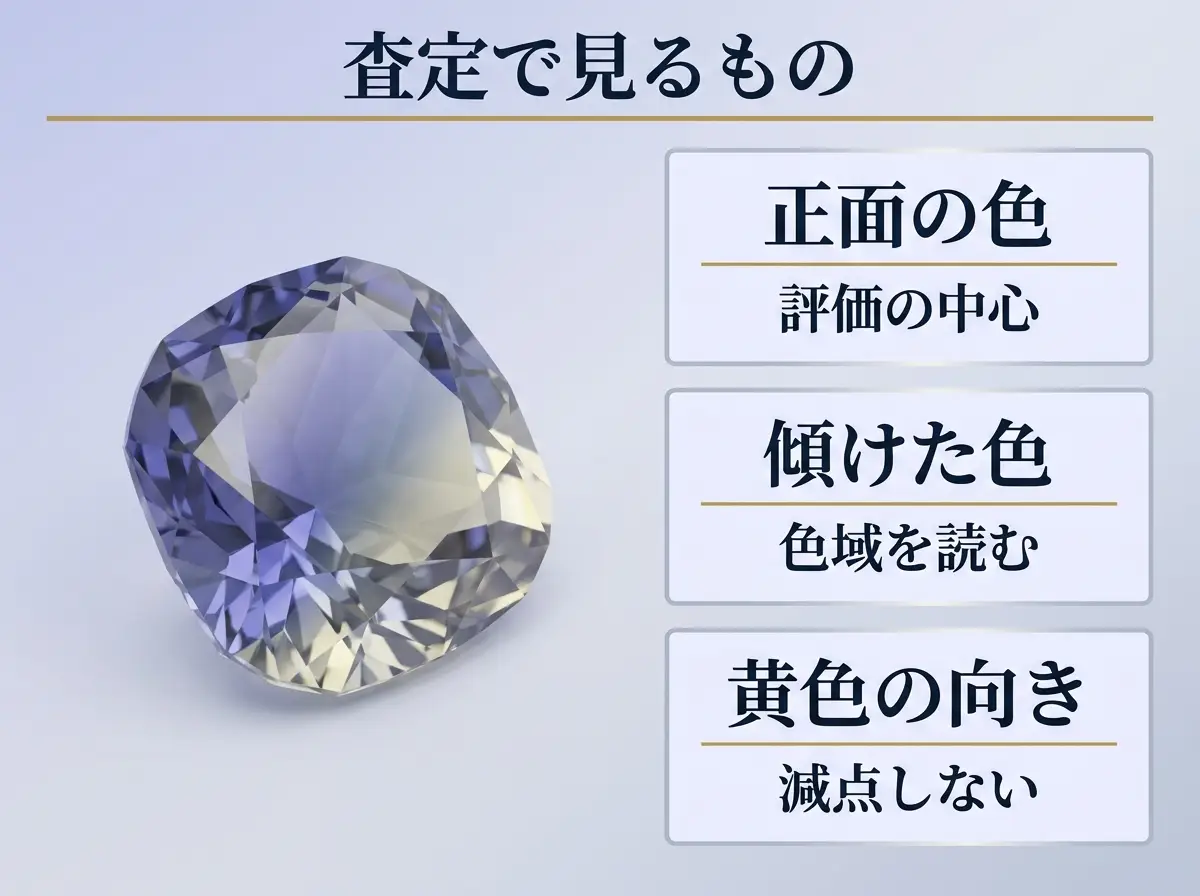 査定で多色性をどう見るかを示した図